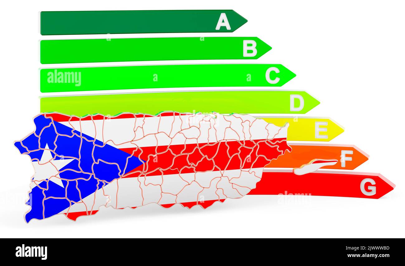 Mappa portoricana con efficienza energetica, rendering 3D isolato su sfondo bianco Foto Stock