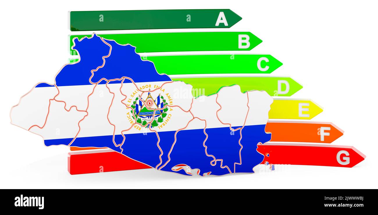 Mappa Salvadoran con valutazione dell'efficienza energetica, rendering 3D isolato su sfondo bianco Foto Stock