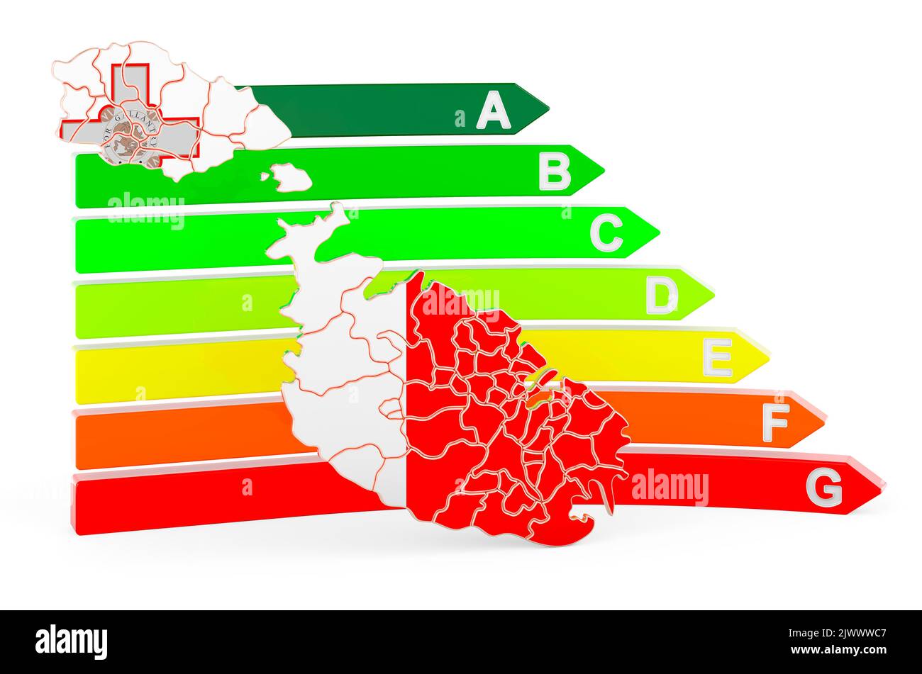 Mappa maltese con efficienza energetica, resa 3D isolata su sfondo bianco Foto Stock