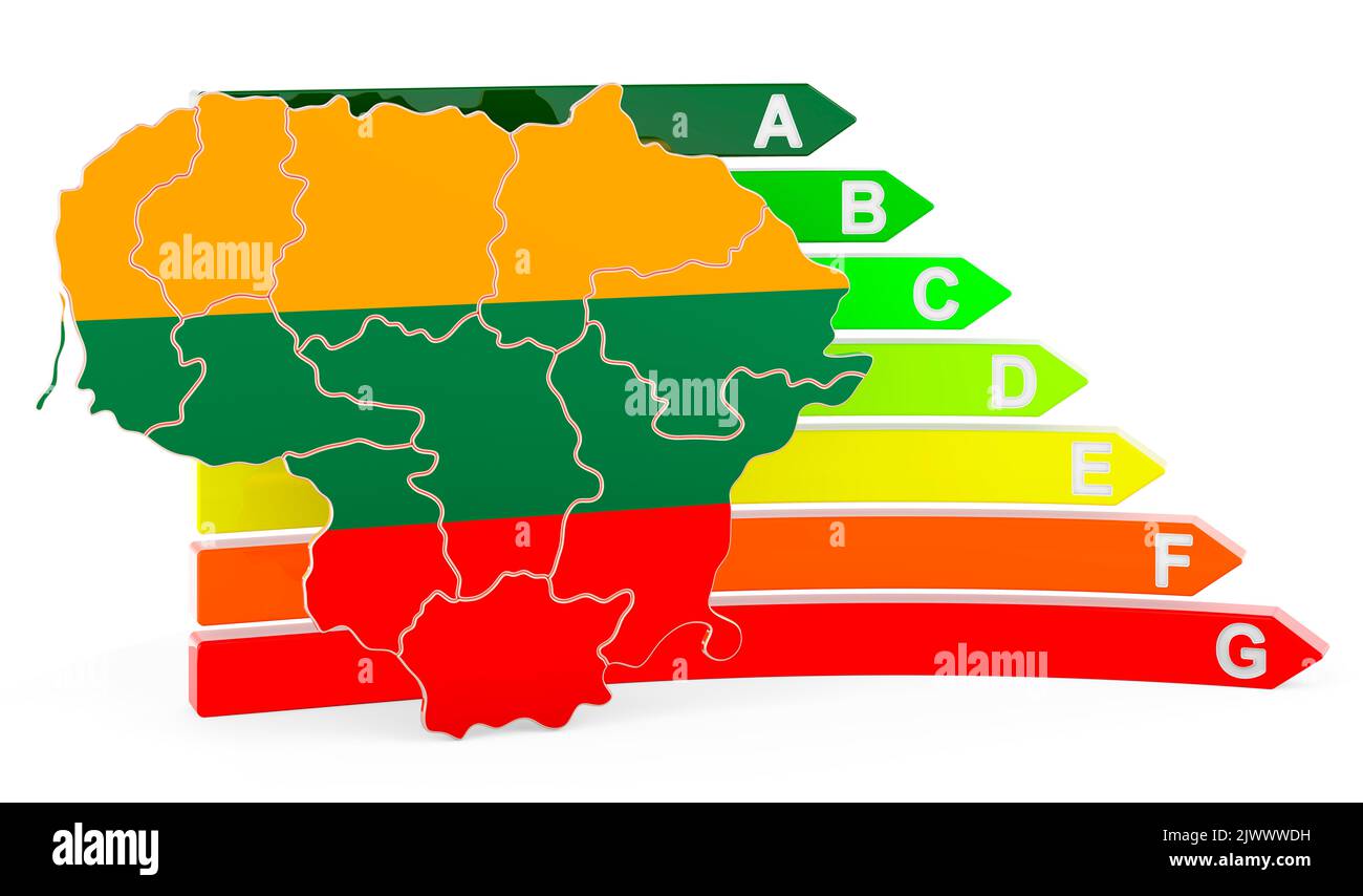 Mappa lituana con efficienza energetica, resa 3D isolata su sfondo bianco Foto Stock