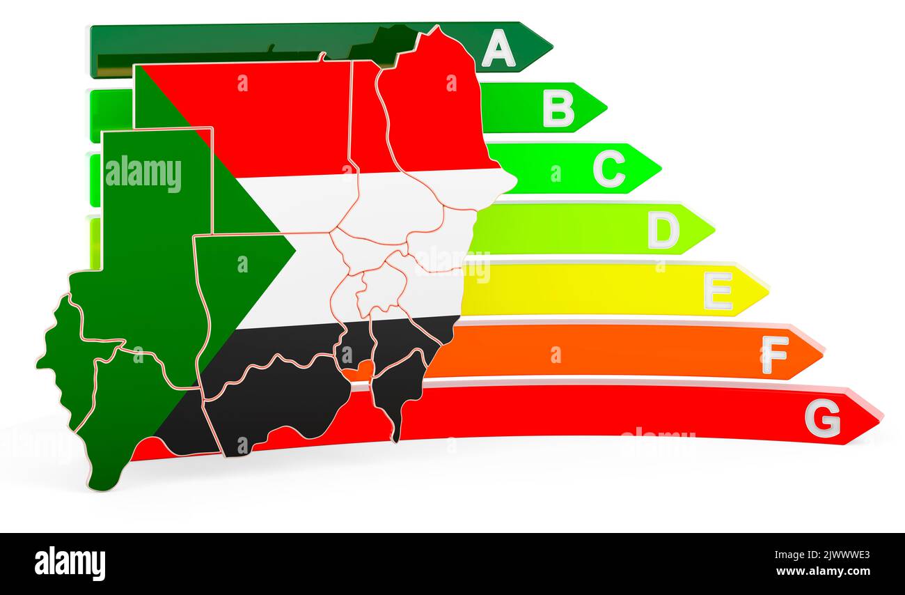 Mappa sudanese con classificazione di efficienza energetica, rendering 3D isolato su sfondo bianco Foto Stock