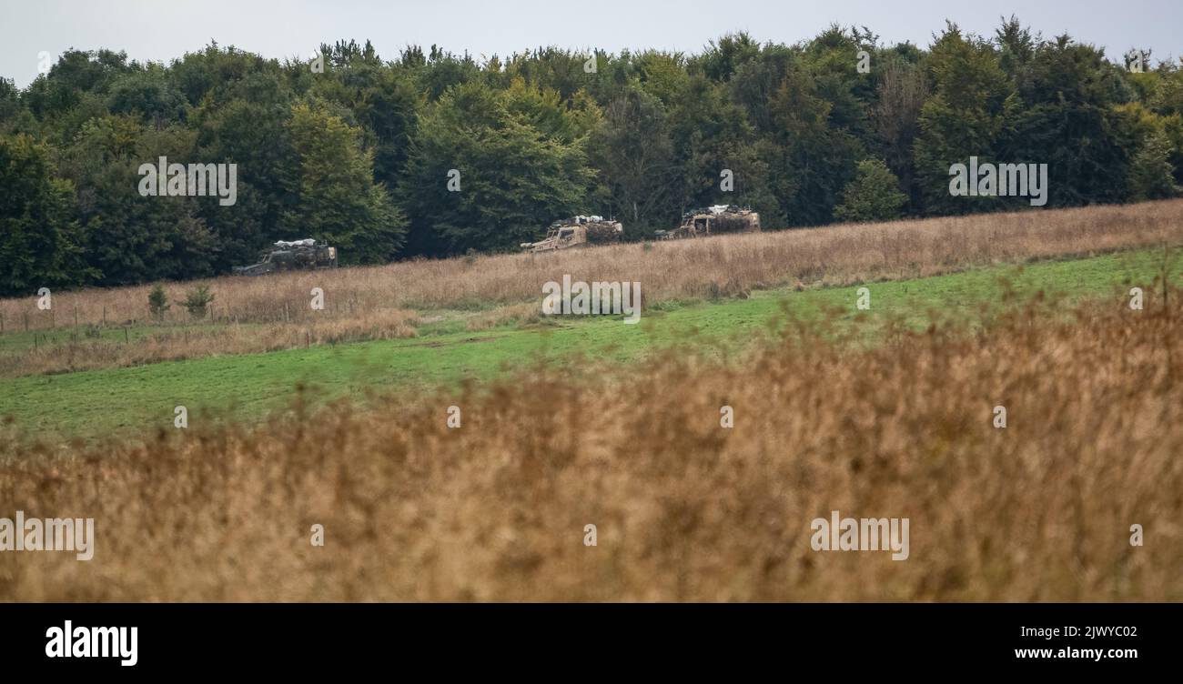 Tre veicoli di pattuglia di protezione leggera Foxhound dell'esercito britannico (LPPV Force Protection Ocelot) che si coprono dietro il bosco in un esercizio militare Foto Stock