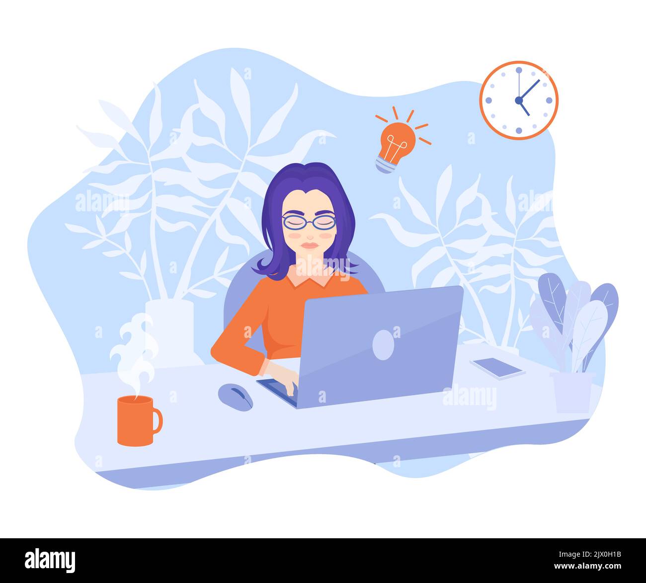 La donna che lavora al computer, team leader. Freelance lavora in ufficio o da casa online. Tecnologie moderne e mondo digitale, lavorare su Internet. Illustrazione Vettoriale