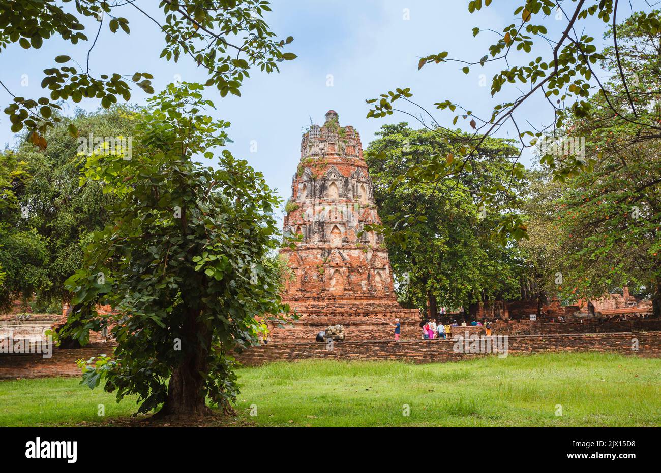 Dilapidato di mattoni Prang entro le rovine di Wat Maha che, il sacro tempio reale di Ayutthaya, Thailandia Foto Stock