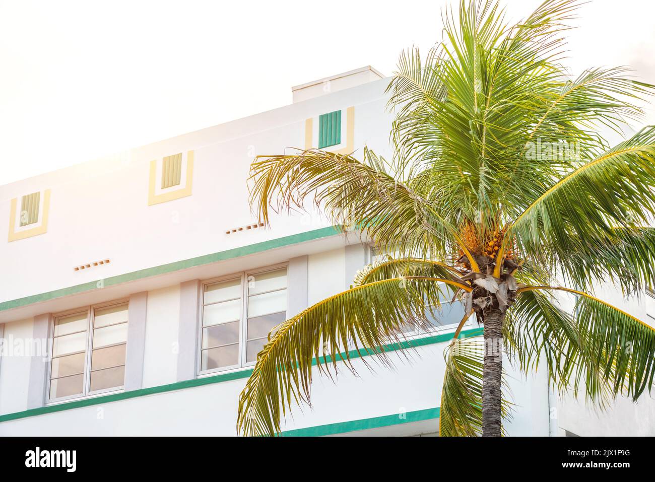 Primo piano della tipica architettura Art Deco colorata con palme tropicali su Ocean Drive a South Beach, Miami, Florida, USA Foto Stock