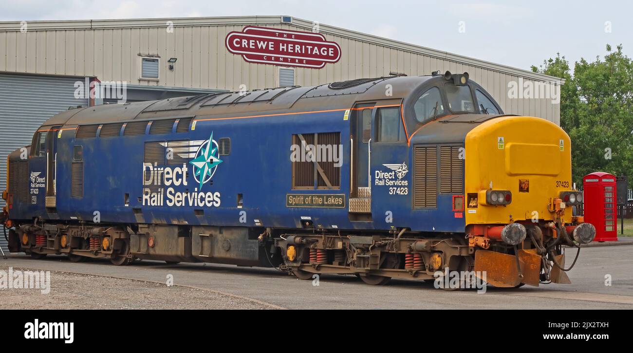 Direct Rail Services, 37423, Spirit of the Lakes, Crewe Heritage Centre accoglie questa classe 37, Vernon Way, Crewe, Cheshire, Inghilterra, Regno Unito, CW1 2DB Foto Stock