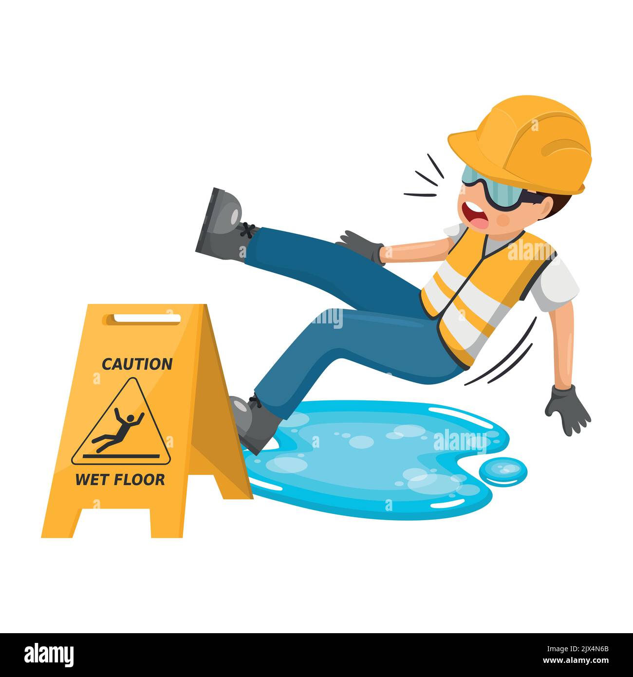 Cartello di avvertenza e avvertenza per il pavimento bagnato per evitare cadute e incidenti. Lavoratore che scivola in una pozza d'acqua. Sicurezza industriale e salute sul lavoro presso WO Illustrazione Vettoriale