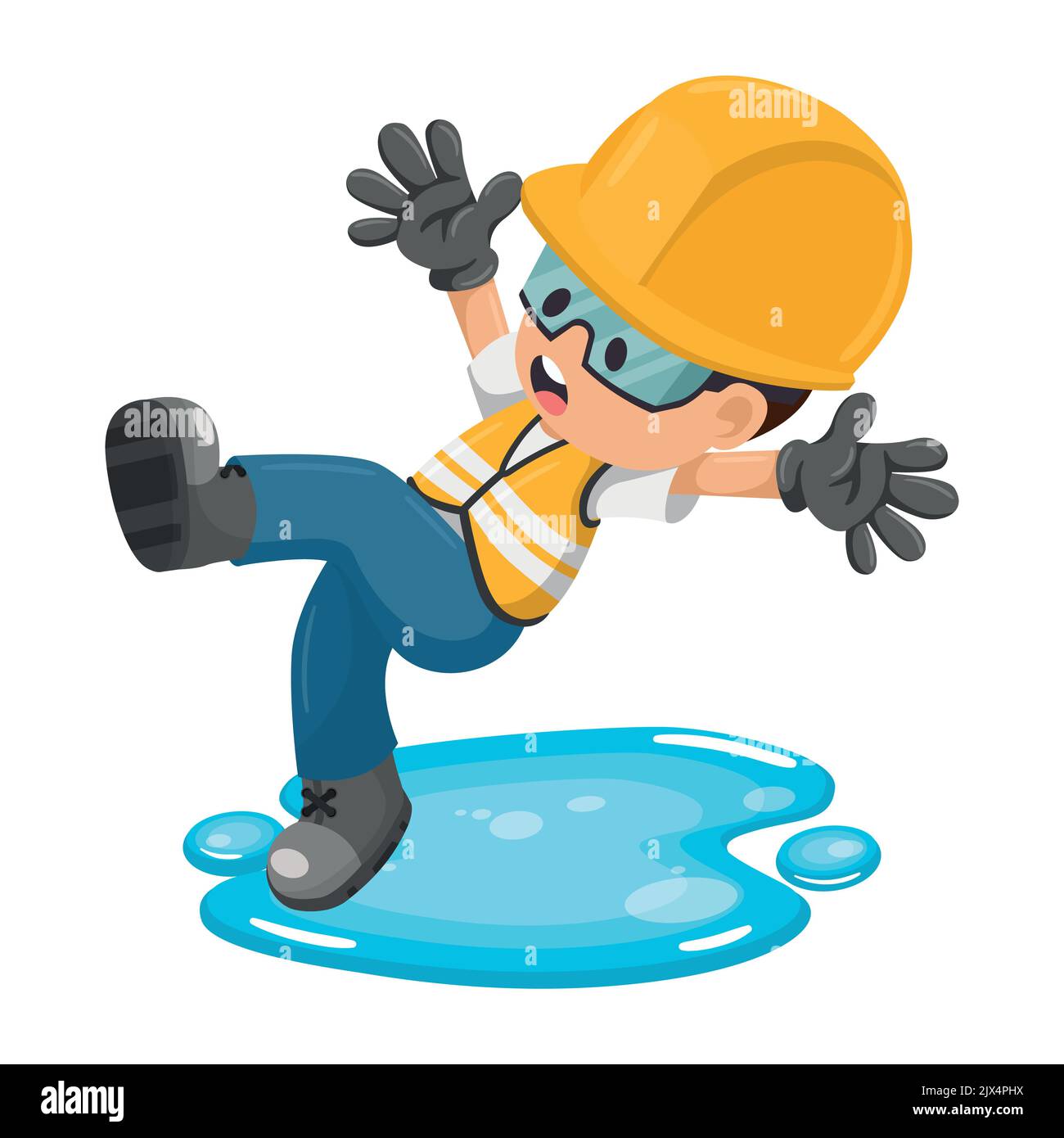 Lavoratore di costruzione industriale che scivola su una pozza di acqua. Sicurezza industriale e salute sul lavoro Illustrazione Vettoriale