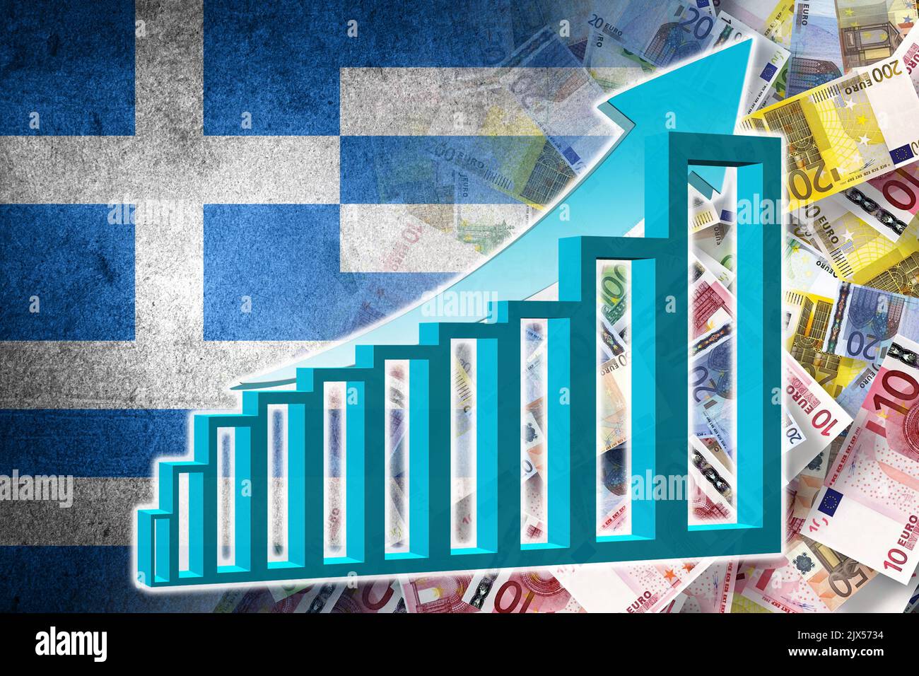 Grafico dell'economia: Freccia in aumento, banconote in euro in contanti e bandiera della Grecia (moneta, economia, affari, finanza, crisi) Foto Stock