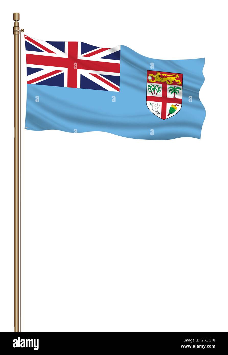 3D Bandiera delle Fiji su un pilastro sparato isolato su uno sfondo bianco. Foto Stock