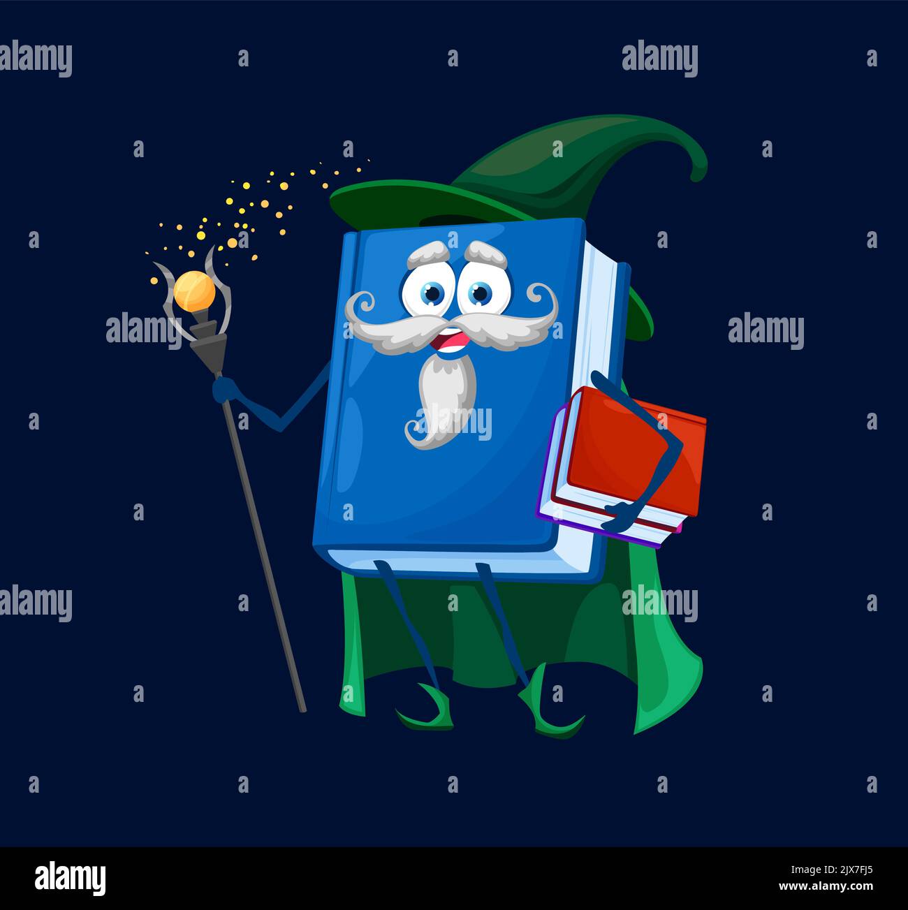 Cartoon scuola libro di testo wizard, mago, warlock o carattere stregone. Carino vettore libro personage indossare mantello e cappello strega con magiche e magiche. Isolato divertente alchimista Bestseller Illustrazione Vettoriale