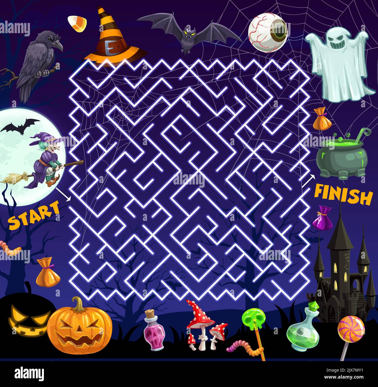 Giochi di labirinto labirinto Halloween bambini. Puzzle labirinto bambini o  Halloween trovare modo enigma foglio di lavoro vettore con lanterne di  zucca, strega volare sulla scopa, spaventoso cimitero fantasma e pozione  magica