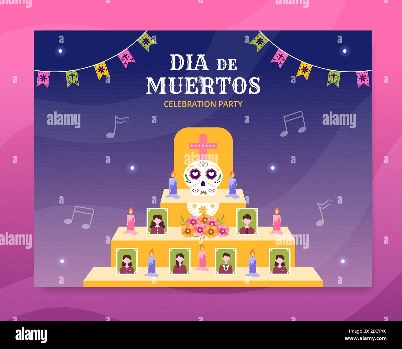 Dia De Los Muertos o giorno della morte Photocall Template Cartoon disegnato a mano Illustrazione Illustrazione Vettoriale