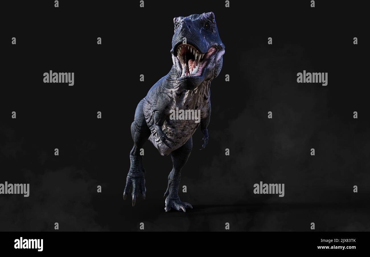 3D Illustrazione di Tyrannosaurus Rex pericoloso atti e pose isolato su sfondo nero con Clipping Path Foto Stock