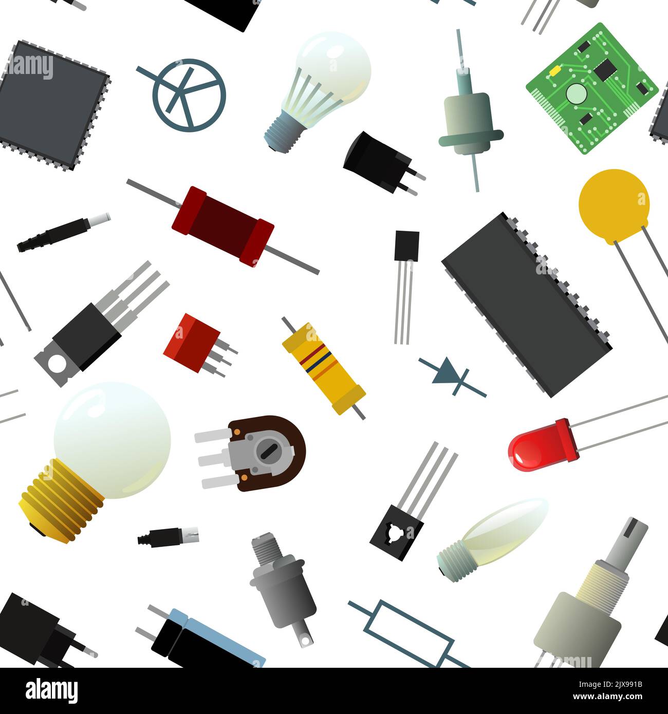 Gruppo di componenti della radio. Immagine di sfondo con motivo senza giunture. Elemento per circuito radio. Sparsi sul tavolo. Oggetto isolato su bianco. Elettronica Illustrazione Vettoriale