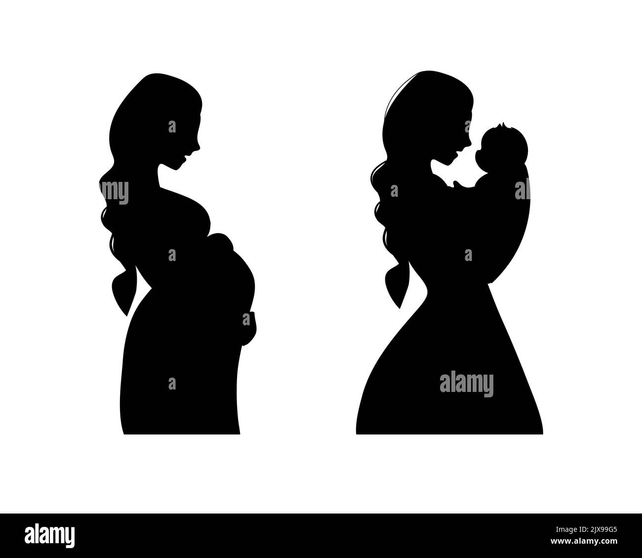 Set di silhouette nere di una donna incinta e di una mamma che tiene un neonato, vista laterale. Profilo di una mamma che si aspetta la nascita di un bambino, vettore illus Illustrazione Vettoriale