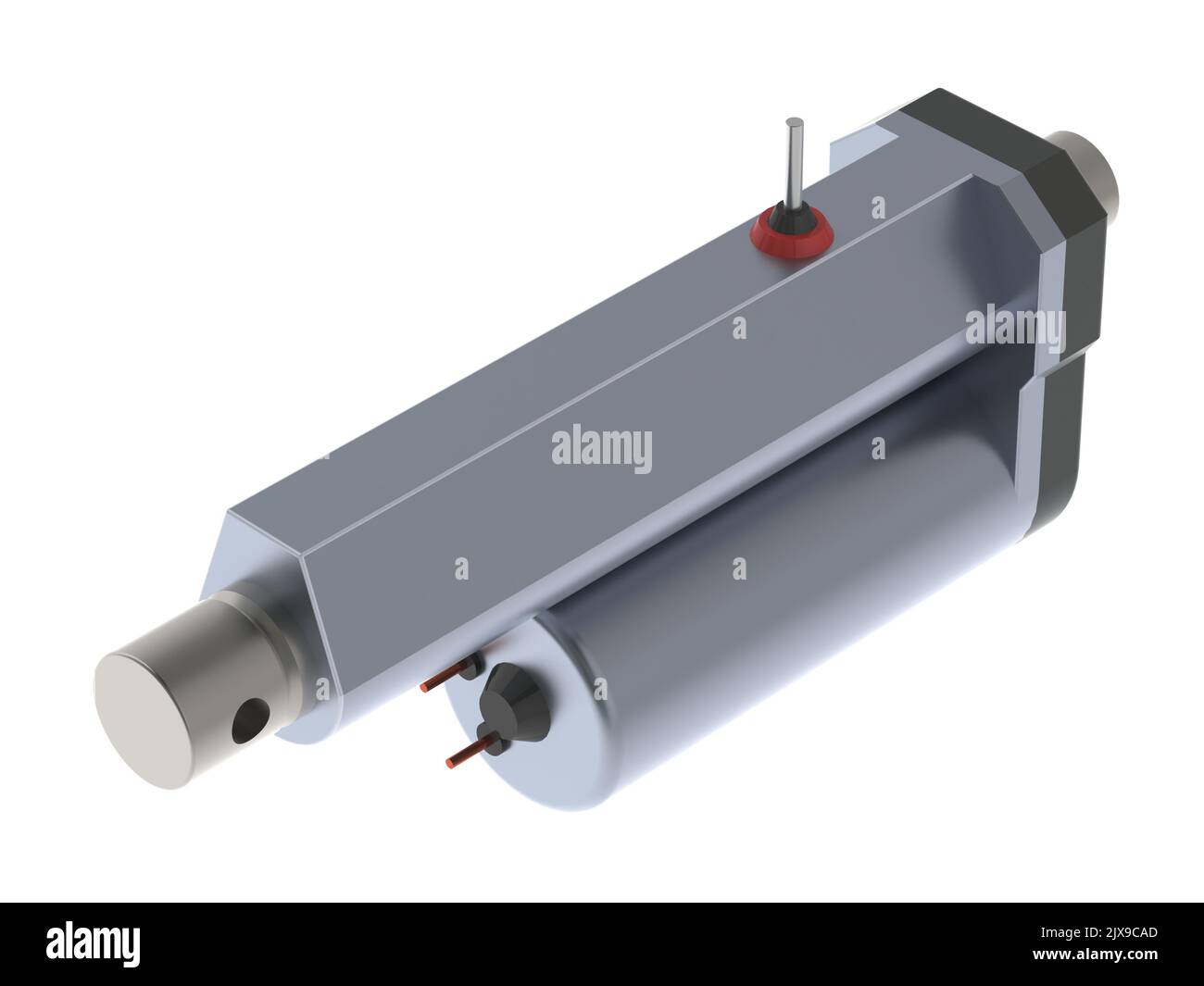 Attuatore lineare elettrico 12VDC 3D che rende isolato su sfondo bianco Foto Stock