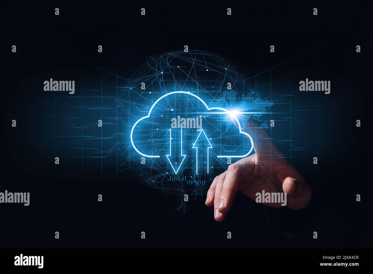 Icona ologramma con tecnologia cloud a sfioramento. Servizio di memorizzazione dati. Foto Stock