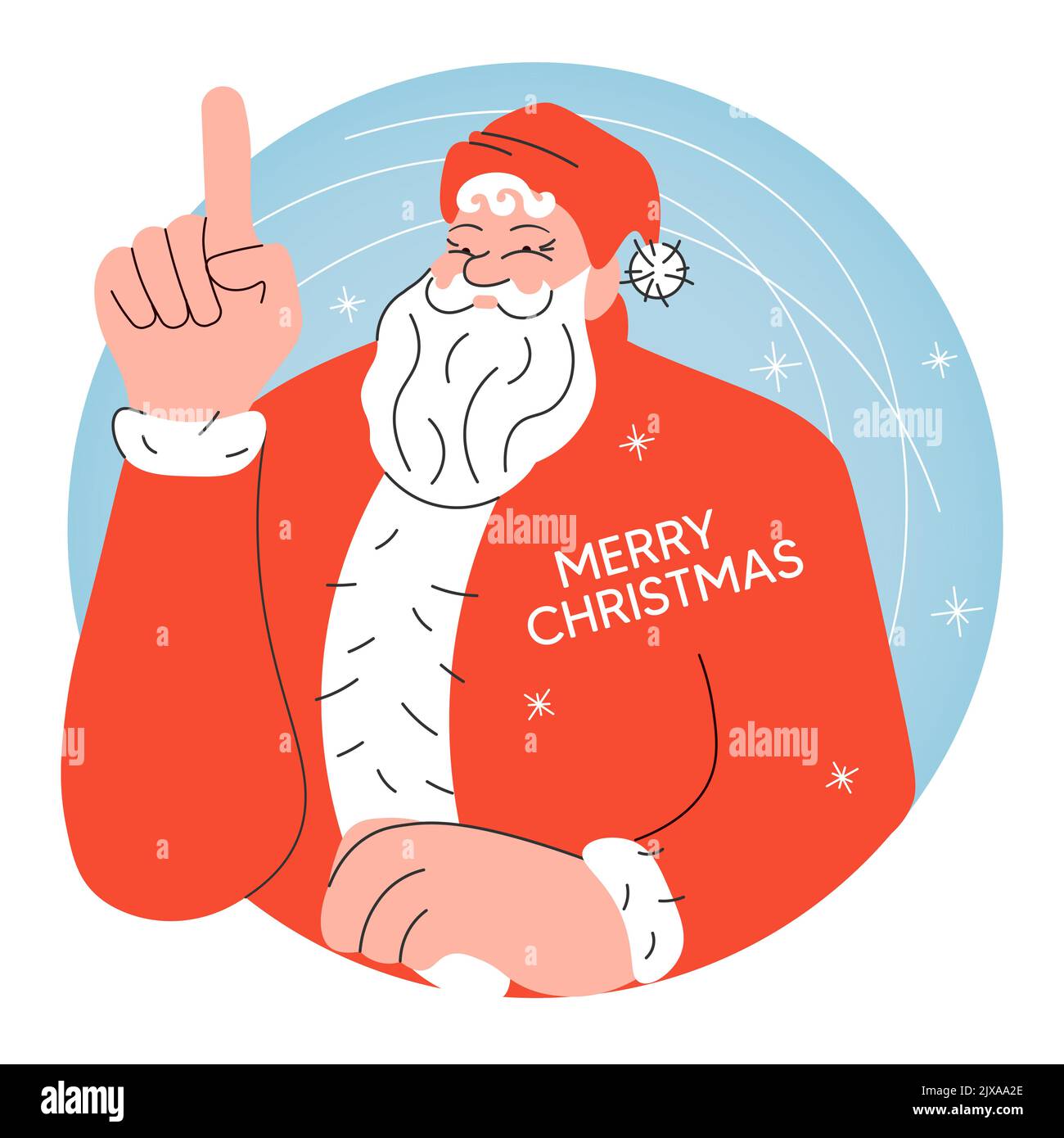 Carta di Natale con carino Babbo Natale sollevato un dito per l'attenzione. Buon Natale e felice anno nuovo saluto. Illustrazione vettoriale Flat Art Illustrazione Vettoriale