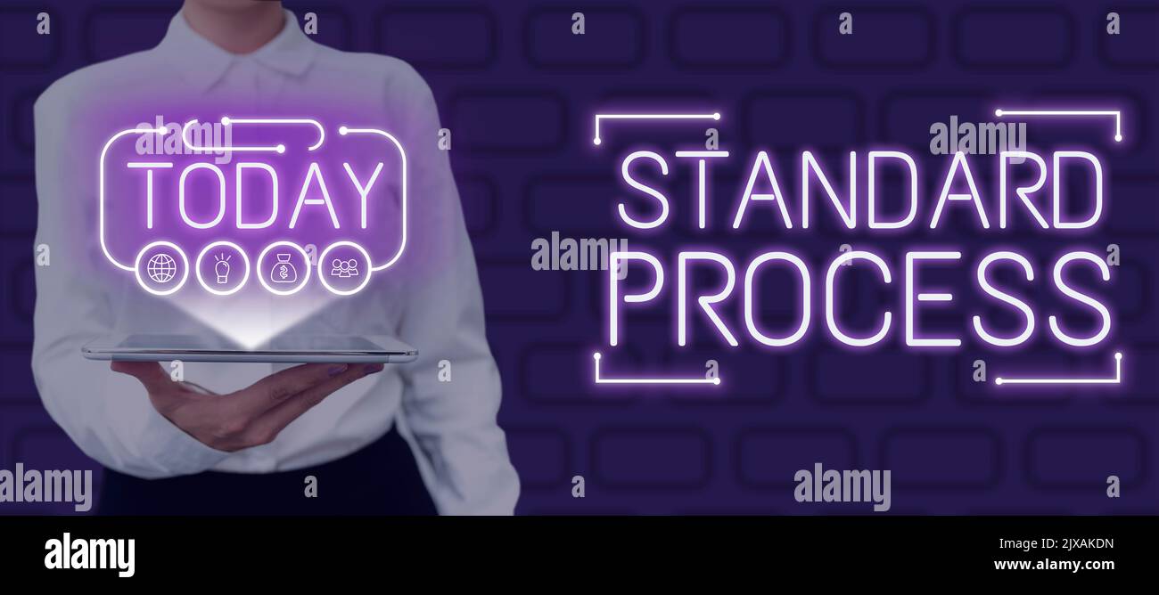 Visualizzazione concettuale regole di elaborazione standard realizzate per essere abbinate alla qualità finale del prodotto. Parola scritta su regole da abbinare al prodotto finale Foto Stock