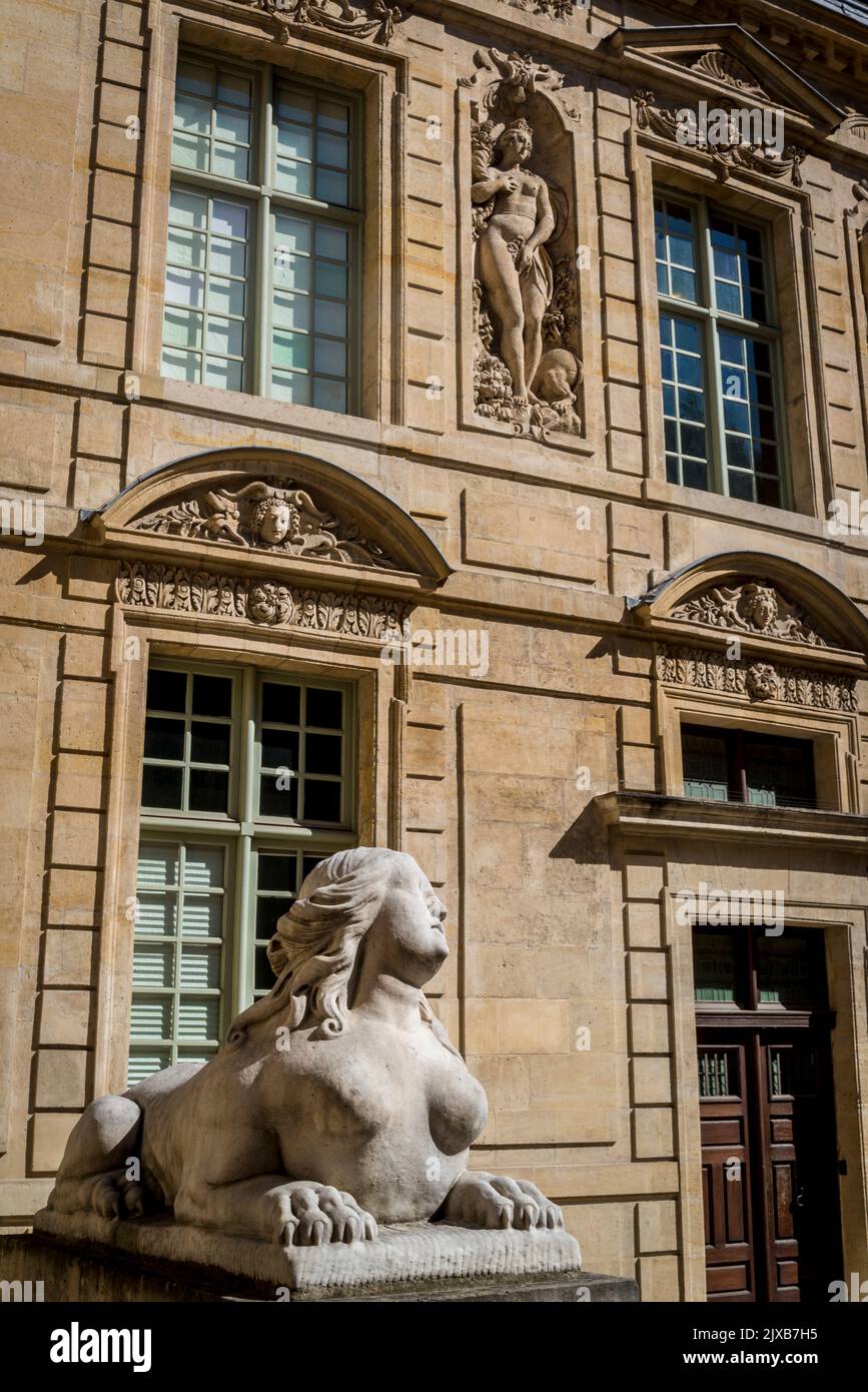 Dettaglio architettonico con una scultura di sfinge, Hôtel de Sully, un Hôtel particulier in stile Luigi XIII, o residenza privata, situato al 62 rue Saint-Antoin Foto Stock