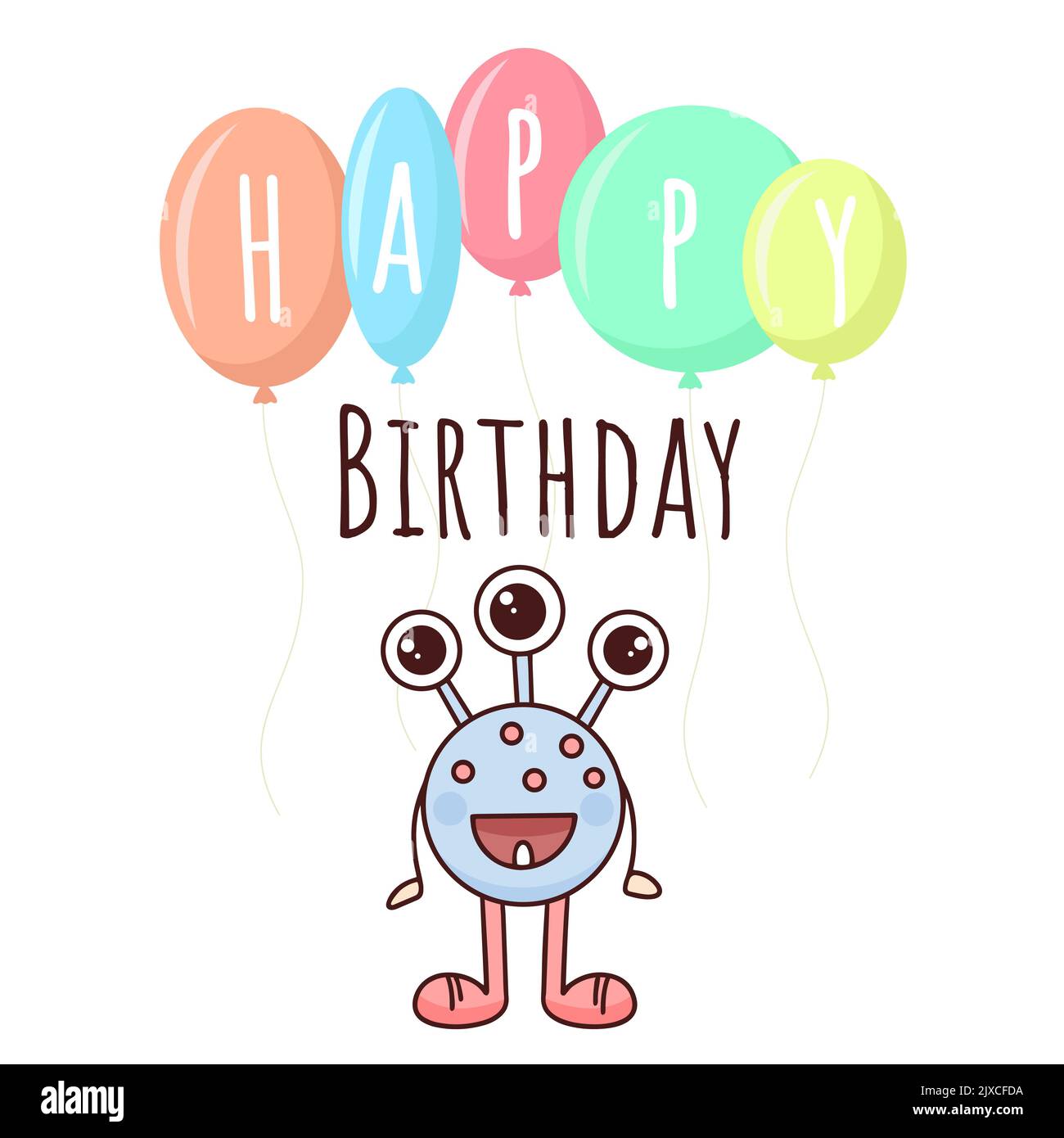 Banner di compleanno del bambino. Cartolina con simpatico mostro, palloncini e iscrizione. Modello con lettere e disegno vettoriale di caratteri capretti Illustrazione Vettoriale