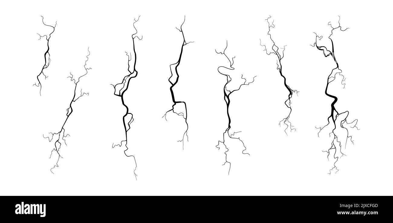 Crepa su calcestruzzo o terreno a causa di invecchiamento o siccità. Insieme di fessure isolate su sfondo bianco. Illustrazione vettoriale monocromatica Illustrazione Vettoriale