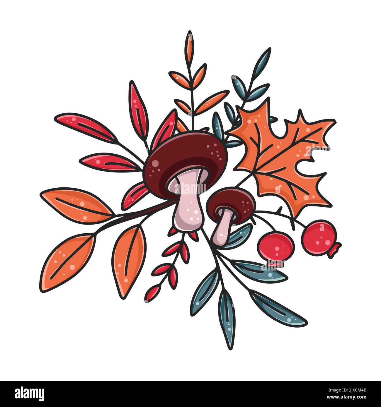 Composizione autunnale con funghi, bacche e leaves.beautiful decorazione foresta autunnale. Illustrazione del vettore isolato stagionale luminoso. Modello disegnato a mano Illustrazione Vettoriale