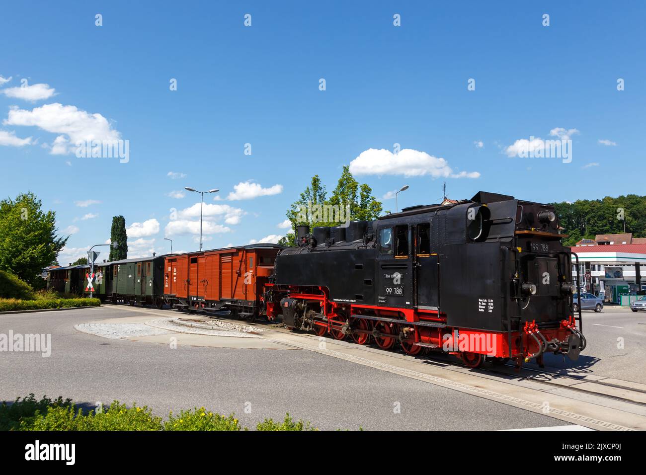 Ferrovia locomotiva a vapore Öchsle a Ochsenhausen, Germania Foto Stock