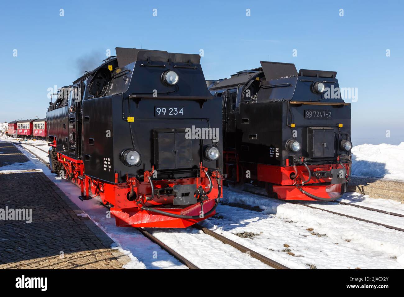 Brockenbahn treni a vapore locomotive ferrovia sul monte Brocken in Germania Foto Stock