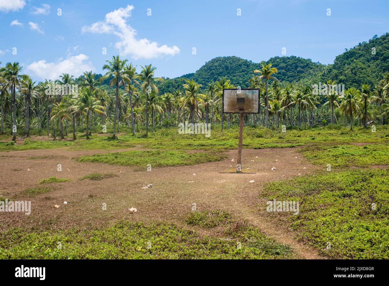 Canasta di basket su un campo pieno di palme con un cielo blu. Il basket è lo sport per eccellenza nelle Filippine Foto Stock
