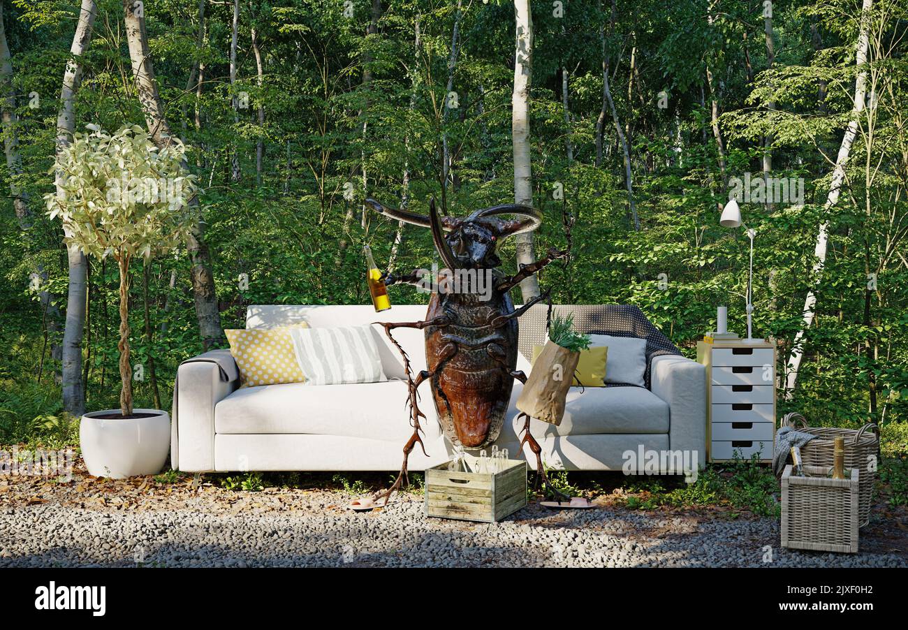 Beetle sul divano. 3d illustrazione creativa Foto Stock