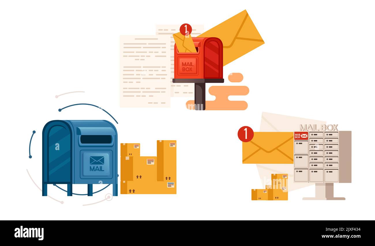 Set di caselle postali con illustrazione vettoriale del concetto di consegna di pacchetti e buste su sfondo bianco Illustrazione Vettoriale