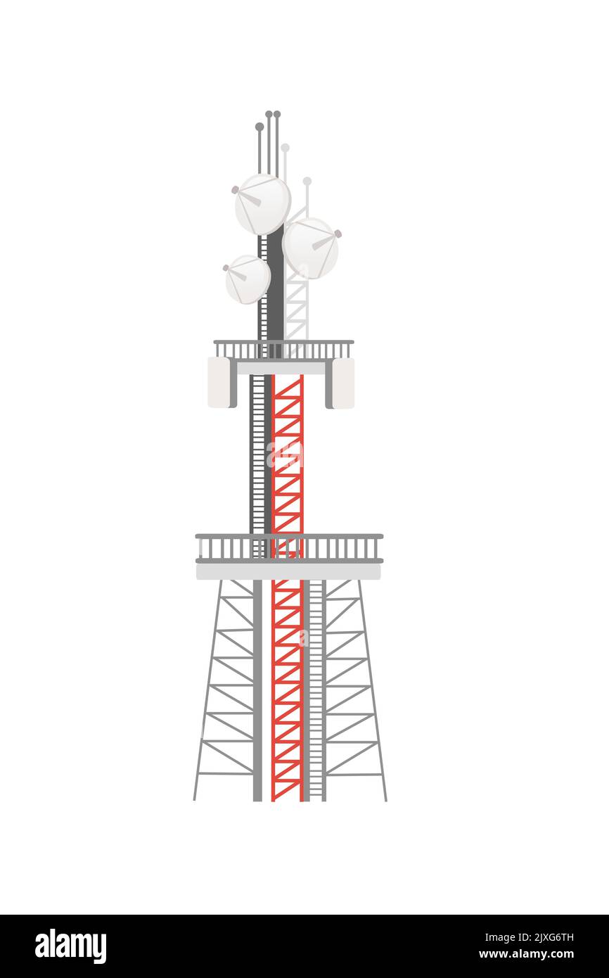 Moderna costruzione della torre di comunicazione per la rete radio tv o l'illustrazione vettoriale in tecnologia GSM isolata su sfondo bianco Illustrazione Vettoriale