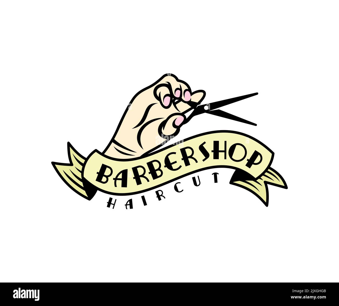 Barbiere o parrucchiere, forbici per le mani, design con logo. Parrucchiere, parrucchiere, acconciatura e moda, disegno vettoriale e illustrazione Illustrazione Vettoriale