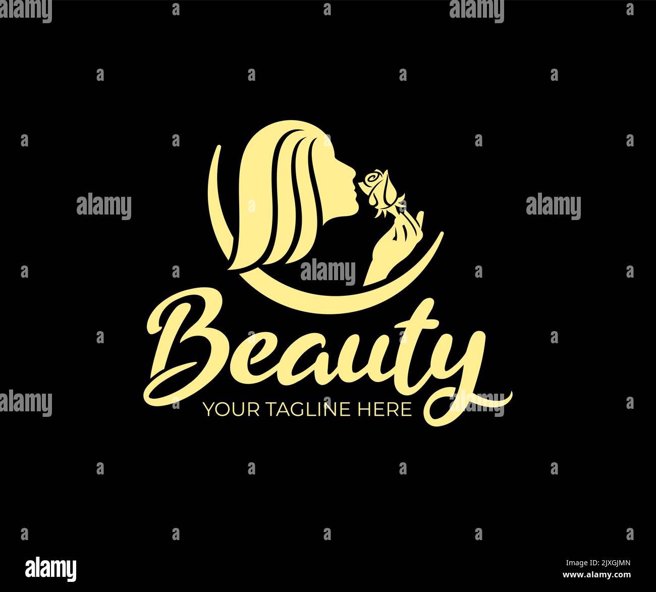 Salone di bellezza e beauty spa, fiore sniffing donna, logo design. Cosmetici, peeling, trucco e moda, disegno vettoriale e illustrazione Illustrazione Vettoriale