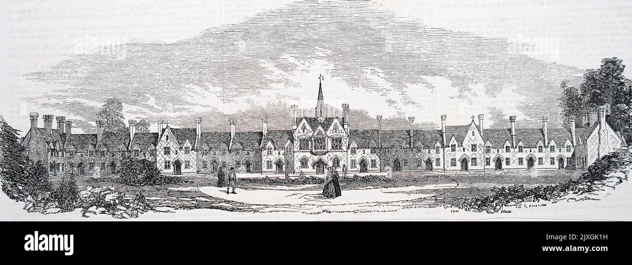 Illustrazione della facciata dei St Pancras Almshouses, Grafton Place, Londra. Datato 19th ° secolo Foto Stock