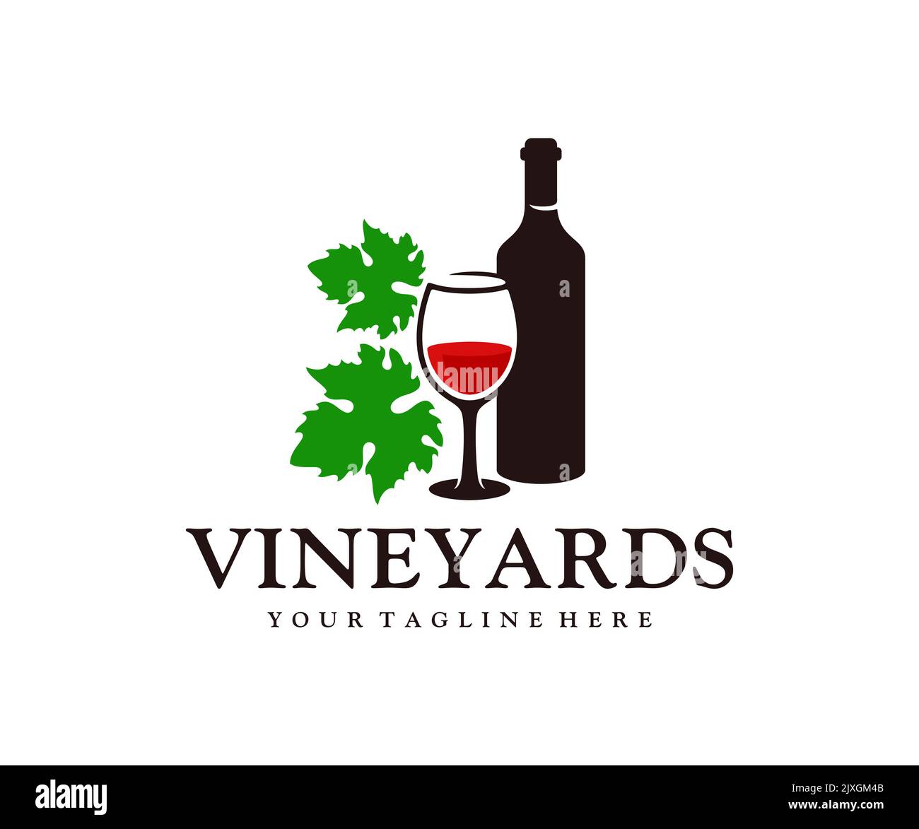 Bottiglia di vino, bicchiere di vino e foglie di uva, logo design. Vinificazione, cantine, vigneti e bevande alcoliche, disegno vettoriale e illustrazione Illustrazione Vettoriale