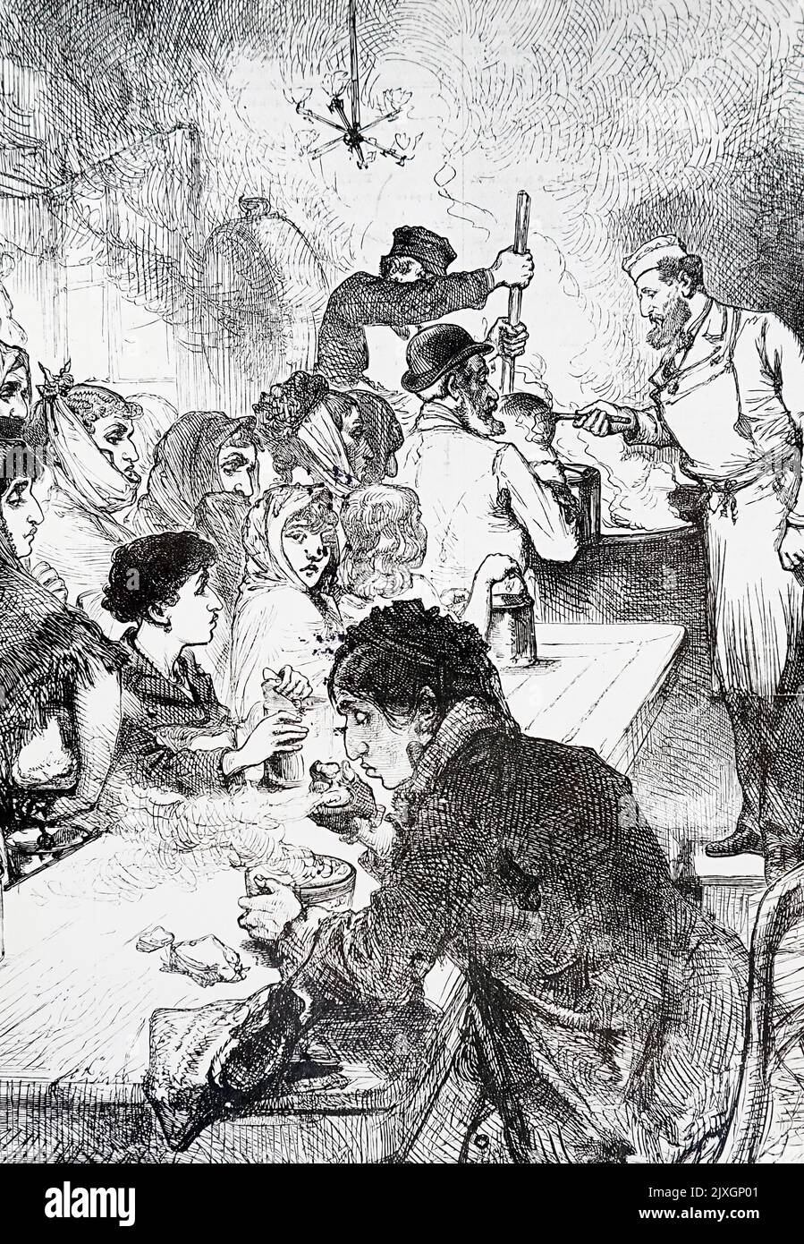 Illustrazione raffigurante una cucina per zuppe a Spitalfields, che forniva zuppa e pane agli ebrei poveri. Datato 19th ° secolo Foto Stock