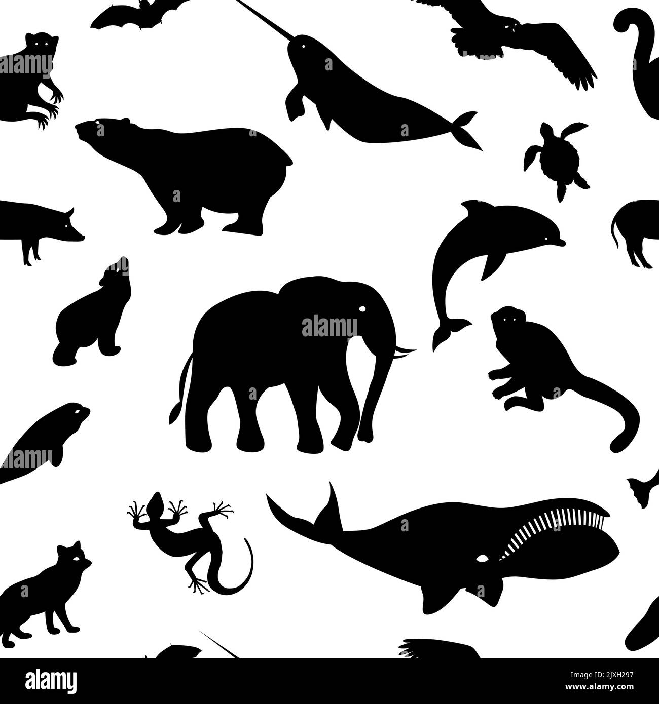 Silhouette nere di animali selvatici e uccelli Illustrazione Vettoriale