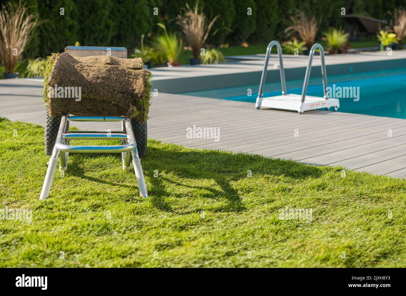Installazione di erba naturale a bordo piscina. Cart con turfs freschi che soggiornano accanto alla piscina. Lavoro di architettura paesaggistica. Foto Stock