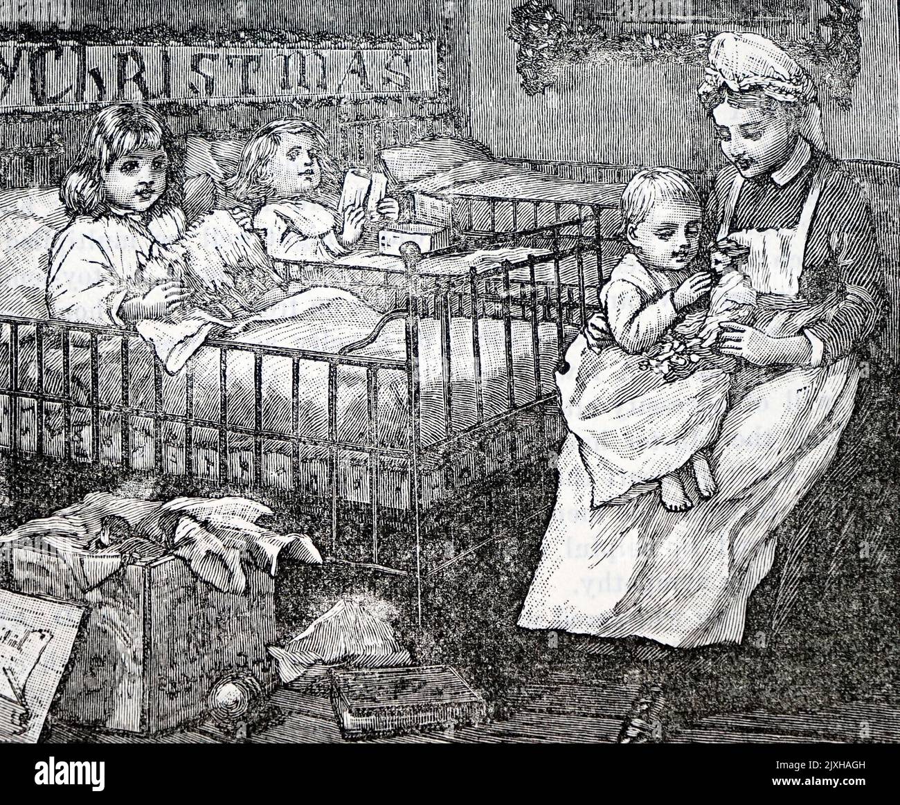 Illustrazione raffigurante bambini in ospedale con giocattoli forniti dalla società di Babbo Natale. Datato 19th ° secolo Foto Stock