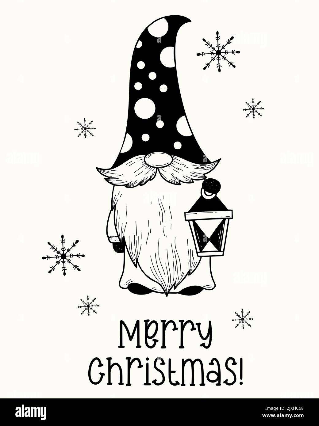 Gnome giardino scandinavo con lanterna. Gnomo della neve per lo stile di cartone animato di Natale e di inverno. Illustrazione vettoriale, disegno a mano. Buon Natale g Illustrazione Vettoriale