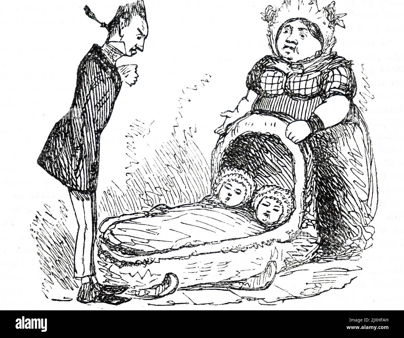 Cartoon raffigurante una madre e i suoi gemelli in un pram. Datato 19th ° secolo Foto Stock