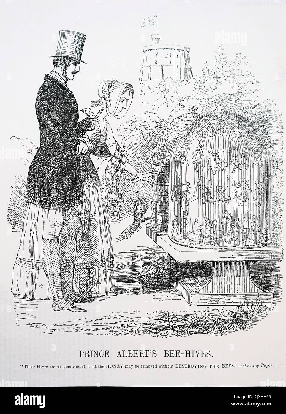 Cartoon intitolato 'Prince Albert's Bees' raffigurante Alberto, Principe Consort (1819-1861) raffigurante la regina Vittoria (1819-1901) il suo alveare. Datato 19th ° secolo Foto Stock