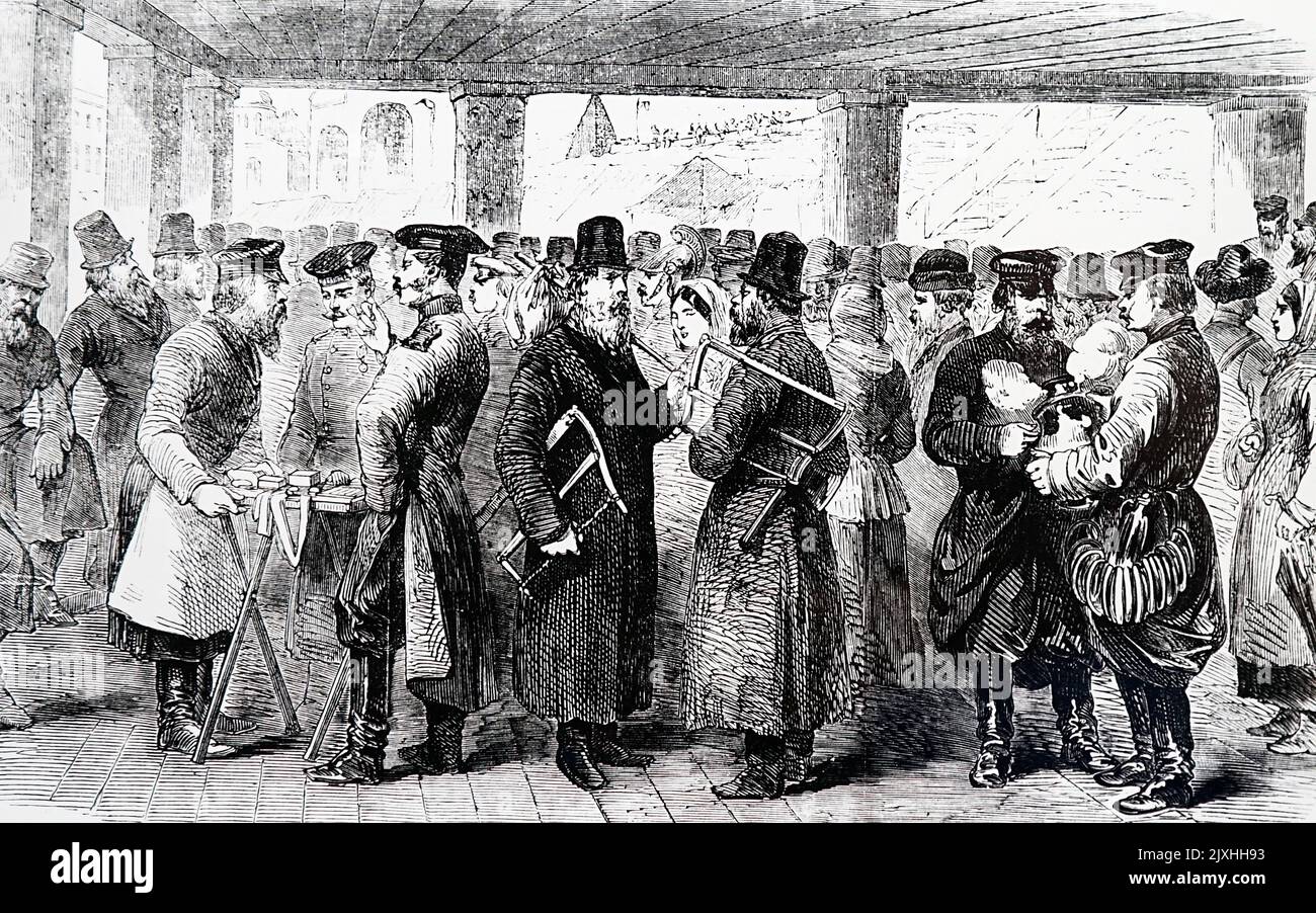 Illustrazione raffigurante il mercato dei servi a Mosca, dove persone di ogni tipo di mestiere, dai falegnami alle ragazze di fabbrica, che vorrebbero trovare lavoro. Datato 19th ° secolo Foto Stock