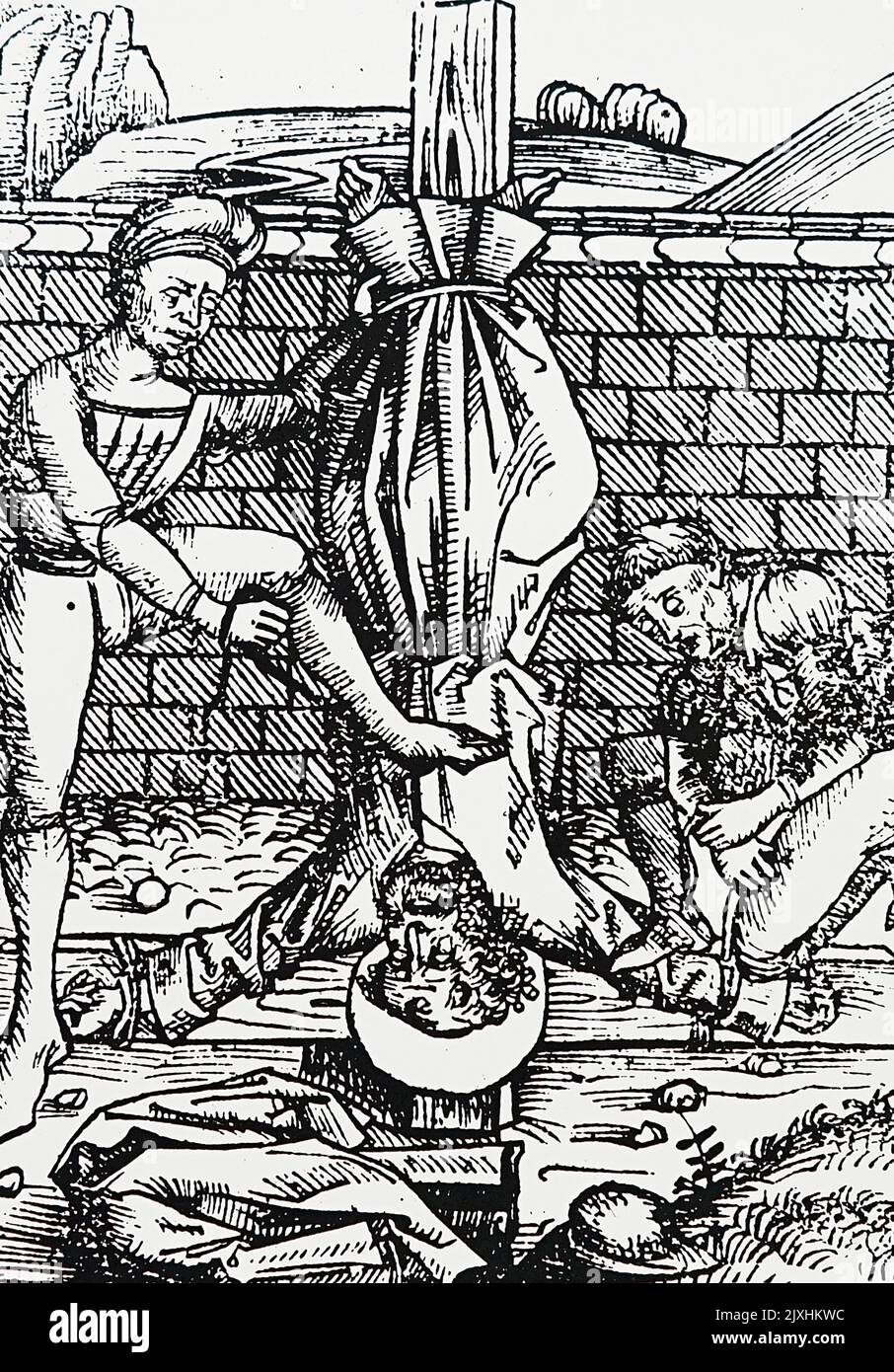 Legno raffigurante il martirio di San Pietro. Datato 15th ° secolo Foto Stock
