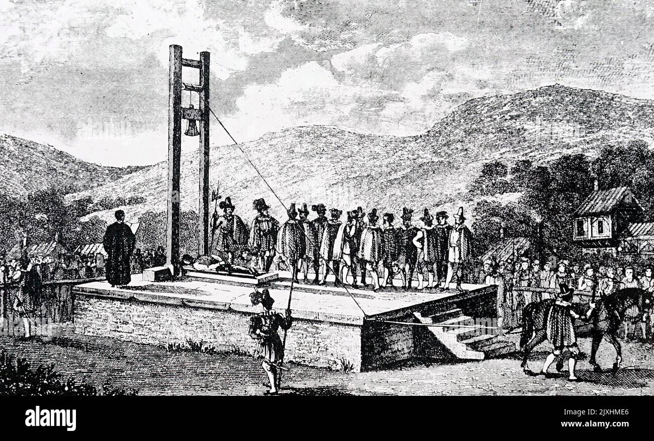 Illustrazione raffigurante l'Halifax Gibbet, una prima forma di una ghigliottina usata per le esecuzioni nella città Yorkshire di Halifax. Datato 17th ° secolo Foto Stock