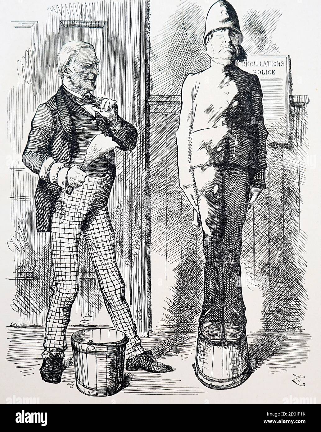 Cartoon raffigurante il segretario di casa, Robert Lowe (1811-1892) imbiancando un funzionario di polizia corrotto, dopo accuse pergiogene. Datato 19th ° secolo Foto Stock