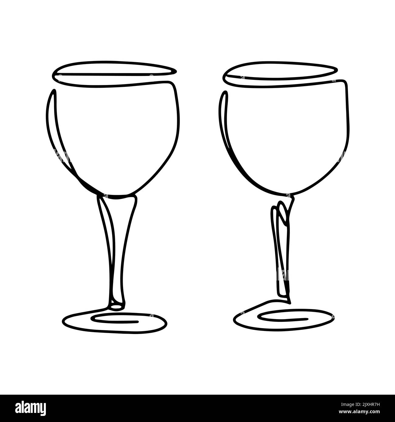 Coppia di bicchieri da vino linea isolata vettore arte. Bicchieri sulle gambe per bevande alcoliche. Utensili per bere contorno nero su sfondo bianco Illustrazione Vettoriale